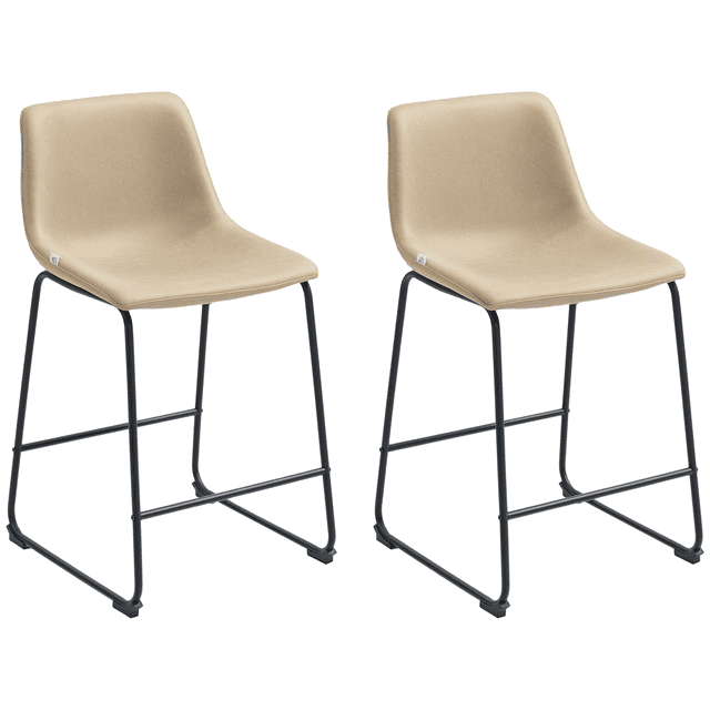 HOMCOM Bar Tabourets, Ensemble de 2, Tabourets de Comptoir avec Dossier en beige. Ces Tabourets Offrent un Dossier de Taille Moyenne, un Rembourrage Rembourré en Cuir PU et un Cadre Robuste en Acier Noir avec Repose-Pieds Intégré. Conçus pour des Hauteurs de Comptoir de 35,8 Pouces (91 cm), Ils Offrent une option d'Assise Confortable et Stylée pour Cuisines Ou Zones de pub. le Similicuir Vieilli Ajoute un Charme Rétro, pendant Que les Patins en Plastique Protégent les Planchers. Dimensions : 18,5 Pouces de Large, 21,3 Pouces de Profondeur et 34