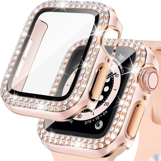 LEIXIUER for Apple Watch case 45mm with Tempered Glass Screen Protector for iwatch Series 7, Bling Crystal Diamond Rhinestone Bumper Full Cover Protective Case Women Girls 45mm