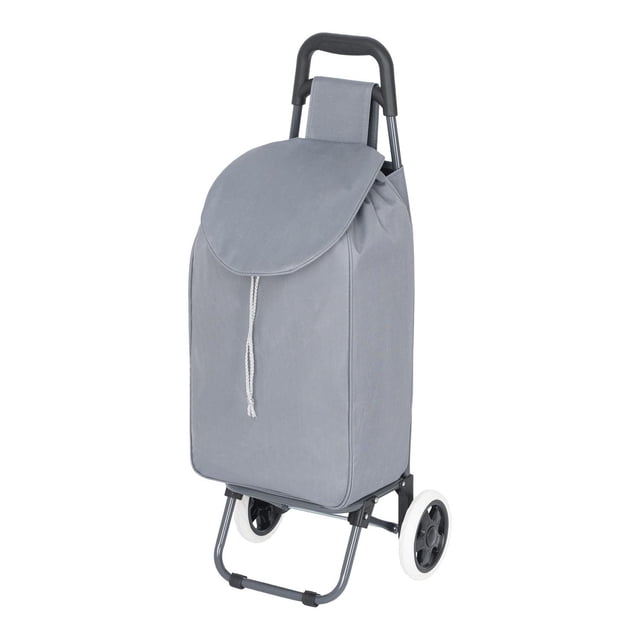 Mainstays 1-Compartment Shopping Cart, Metal Frame, Removable Bag, Drawstring Bag with Back Zipper Pocket, Converts to Dolly front-facing view of a 36 inch trolley-style dolly with steel frame and detachable polyester bag, visible drawstring top and rear zip pocket, folds flat for trunk storage, base 13.58in x 11.81in (34.5cm x 30cm); suitable for supermarket or laundry runs and often used as a compact carrier for picnic or gardening supplies.
