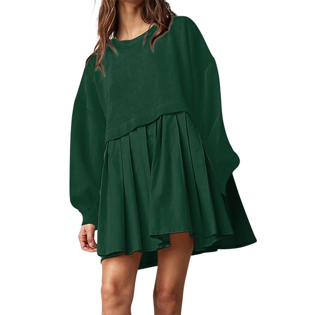 Womens Oversized Sweatshirt Dress Long Flowy Patchwork Pullover Tops Cute Drop Shoulder Sweatshirts Fall Long Sleeve Mini Dress Teen Girls Crewneck Solid Tunic Pleated Loose Clothing Beig