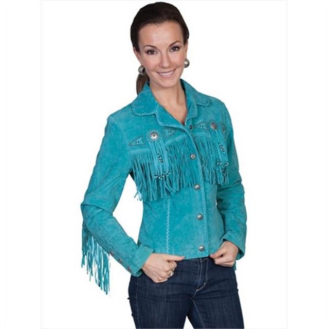 Scully L152-123-XS Veste en Cuir à Franges et Perles pour Femmes - Turquoise, Extra Small