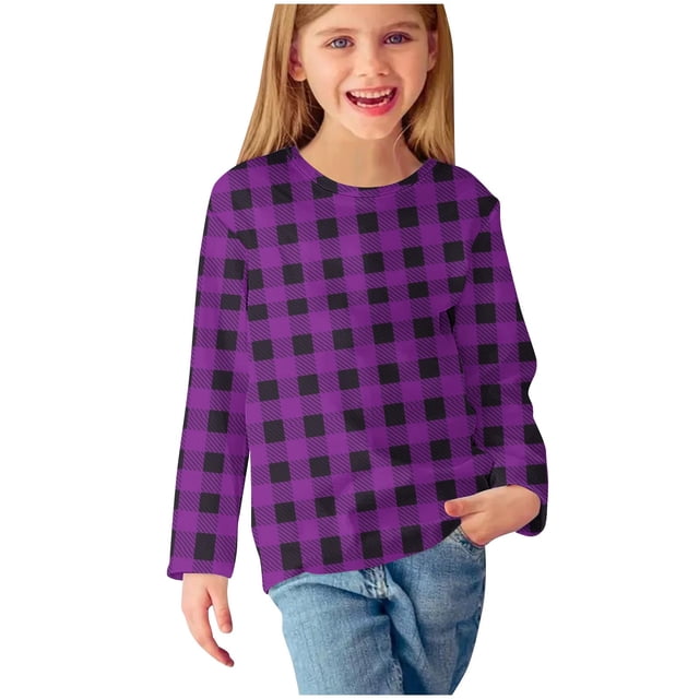Besolor T-Shirts d'Automne pour Filles Manches Longues Décontractées Tuniques Col Rond Tendance à Carreaux Imprimés Tenues de Vacances pour Enfants