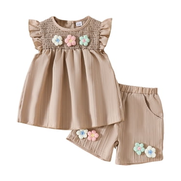 Splozh Vêtements d'Été pour Tout-Petit Bébé Fille Été Fleur Volant Sans Manches Tunique Haut Ensemble Short Tenue Coton Lin 2 Pcs Café, 2-3 Ans
