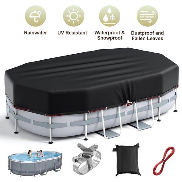 COSYUMI Couverture de Piscine Ovale 12 x 20 Pi, Couvertures de Piscine Solaires en Oxford Robustes pour Piscine hors Terre avec Treuil et Câble, Couverture de Piscine Gonflable Toutes Saisons Résistante aux UV, Imperméable, Coupe-Vent et Neige