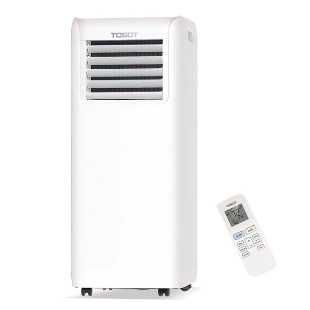Tosot 10000 BTU Portable Air Conditioner with white rectangular design, front adjustable air vents, caster wheels, and remote control displaying 72°F, ideal for cooling and dehumidifying rooms up to 300 sq. ft. with programmable thermostat and energy-saving features.