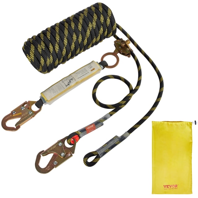 VEVOR Vertical Lifeline Assembly, featuring a 0.55-inch diameter and 25-foot length polyester rope with a 30 KN breaking tension. The black and yellow braided rope includes two steel snap hooks, a rope grab, and a shock absorber encased in a PVC cover. The assembly is ANSI compliant and designed for fall protection in high-place work environments. A yellow storage bag is included.