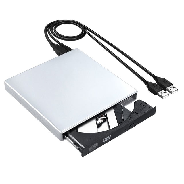 External CD DVD Drive USB 2.0 & USB-C Portable DVD CD ROM +/-RW Optical Drive Player Burner Reader Writer for Windows 11/10/8/7 Laptop Desktop Computer. A slim, grey optical drive with an embedded cable design, featuring dual USB and USB-C connectors. The drive is shown with its tray partially open, holding a disc. Ideal for burning, reading, and writing CDs and DVDs, compatible with Windows and Mac OS systems.