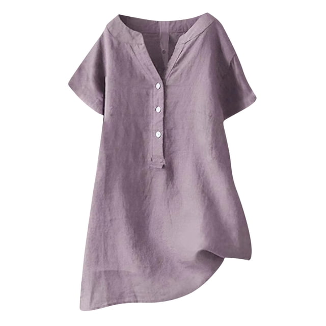 Timegard Womens Cotton Linen Tops Plus Size Notched V Neck Button Short Sleeve Casual Loose Tee Shirts