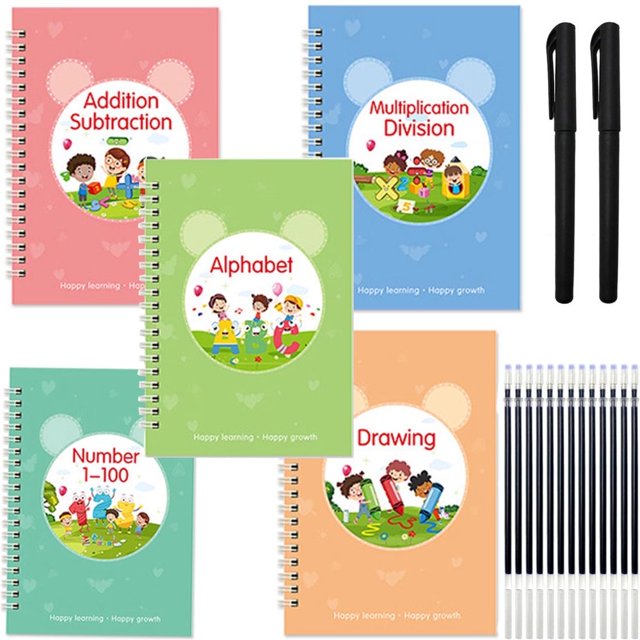 Estbridg Cahier d'Exercices Réutilisable Rainuré avec Stylos Livres d'Écriture Réutilisables Cahiers de Traçage Lettres Chiffres Mathématiques Maternelle Mots de Vue pour Enfants