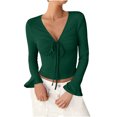 thumbnail image 1 of Plebaso Women's Spring Summer Tops Crop Bell Long Sleeve Ribbed Shirts V Neck Drawstring Casual Knit Tee, 1 of 6