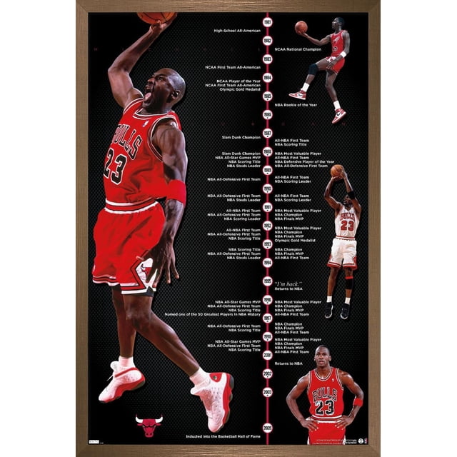 Michael Jordan - Timeline Wall Poster, 22.375" x 34" framed featuring a black background with a vertical timeline of Michael Jordan's basketball career achievements from 1981 to 2009. The poster includes multiple images of Jordan in Chicago Bulls red and white uniforms performing basketball moves, with detailed text listing milestones such as NCAA championships, NBA MVP awards, scoring titles, and Hall of Fame induction. This framed wall art is suitable for home décor, offices, or sports fans.