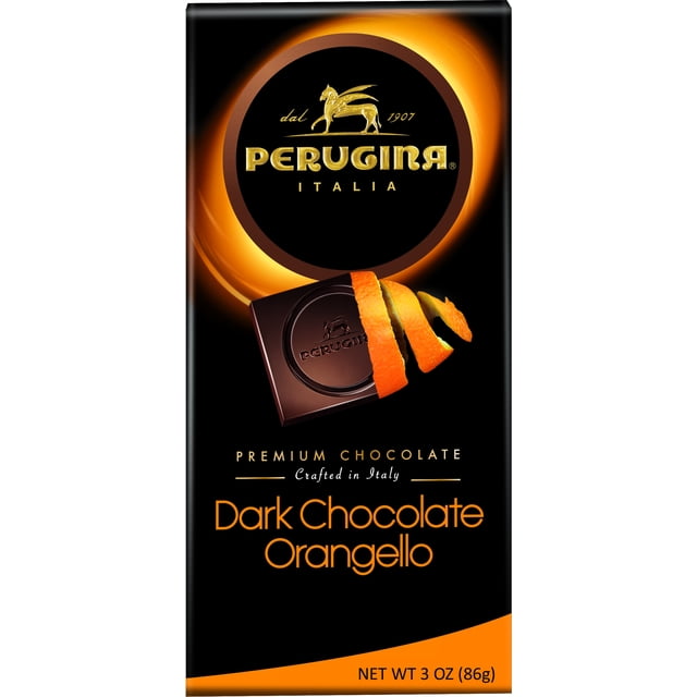 PERUGINA TABLET DARK dark chocolate bar with a square piece embossed with the Perugina logo partially wrapped in orange peel, on a black background with orange highlights, crafted in Italy, net weight 3 oz (86g), often used for gourmet snacking or dessert pairing.