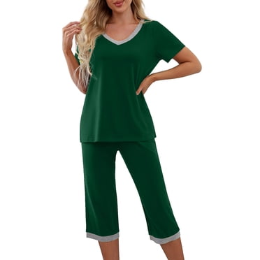 Yuyuzo Womens 2 Piece Sets Summer Lounge Sets Short Sleeve V Neck Tunic Top Capri Pants Matching Outfits
