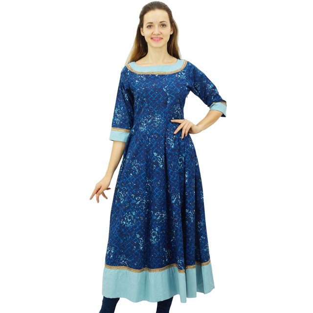 Bimba Kurta Imprimée pour Femme Kurti Anarkali Ethnique en Coton Robe Décontractée Bollywood/ Bleu Marine/ 26