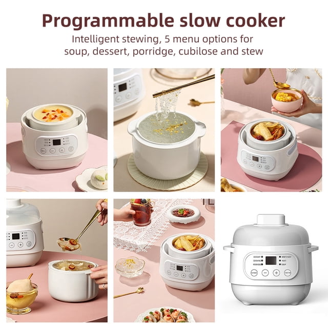 Aoresac Electric Mini Slow Cooker in white, featuring a 1-quart ceramic pot and 200W power. The programmable slow cooker offers 5 menu options for dessert, stewing, baby porridge, cubilose, and soup, with 24-hour timing and 12-hour heat preservation. The compact design includes a carrying handle, double-layer heat insulation, and a 360° heating chassis for even cooking. Ideal for 1-3 persons, suitable for home, office, or small meals.