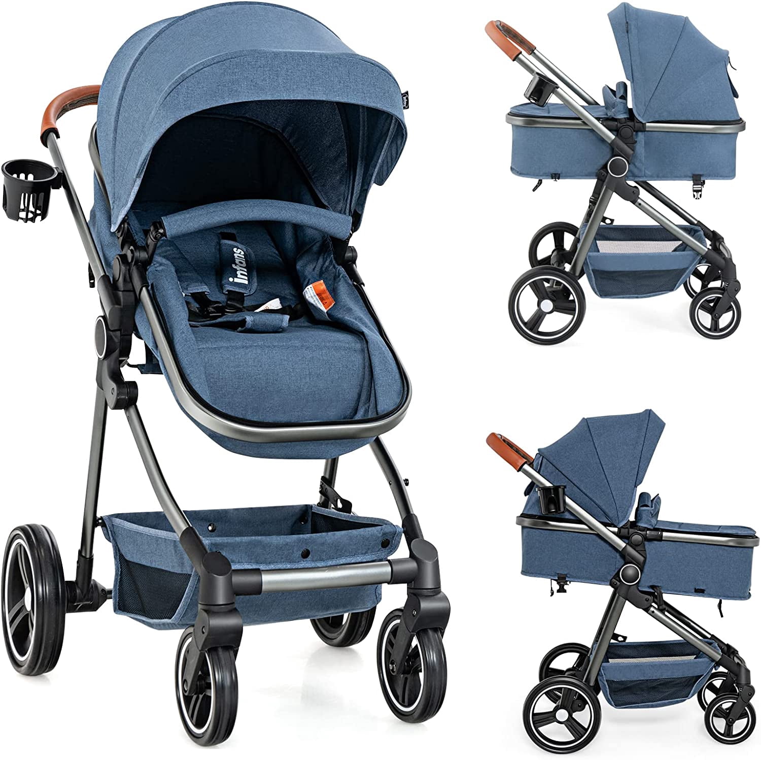 INFANS 2 in 1 High Landscape Convertible Baby Stroller, Newborn Reversible Bassinet Pram, Foldable Pushchair with Adjustable Canopy, Aluminum Structure, 5-Point Harness for Infant & Toddler