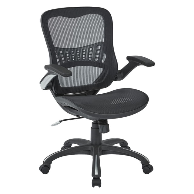 Mesh Mid Back Black Manager’s Chair with Flip Arms featuring a breathable black mesh back and padded mesh seat with adjustable lumbar support, padded flip arms with silver accents, 2-to-1 synchro locking tilt control with adjustable tension, one-touch pneumatic seat height adjustment, and a heavy-duty black base with silver accents and dual wheel carpet casters, suitable for ergonomic office seating.