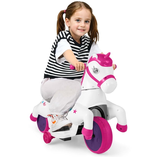 Costway 12V Kids Ride on Unicorn Toy with Training Wheels Music One-button Start Horse Toy Red