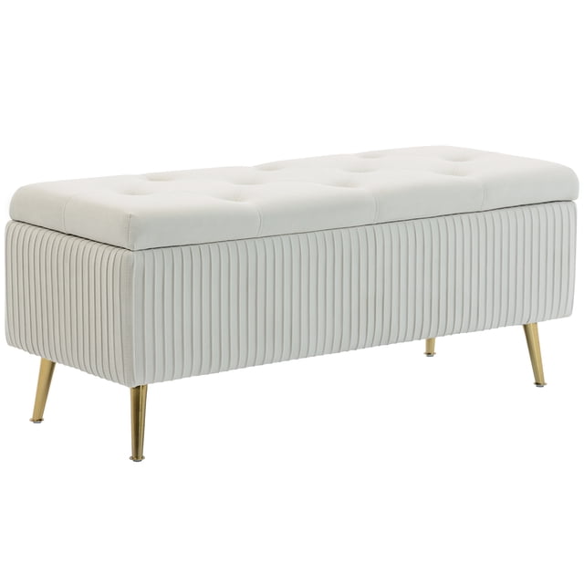 HOMCOM Ottoman Banc de Rangement avec Pattes en Acier, Grand Coffre de Rangement de 43 Pouces avec Couvercle Capitonné à Boutons en Velours beige, Côtés Plissés et Pattes en Acier Doré. Offre un Compartiment Spacieux de 20,9 Gallons pour Ranger Couvertures Ou Oreillers. Idéal pour les Salons Modernes, Alliant Assise Fonctionnelle avec design Élégant et Patins Antidérapants.