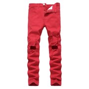 Mens Jeans Men's Jeans Trend Ripped Nostalgic Big Tattered Men's Denim Trousers Pantalon Homme Jeans Red 32