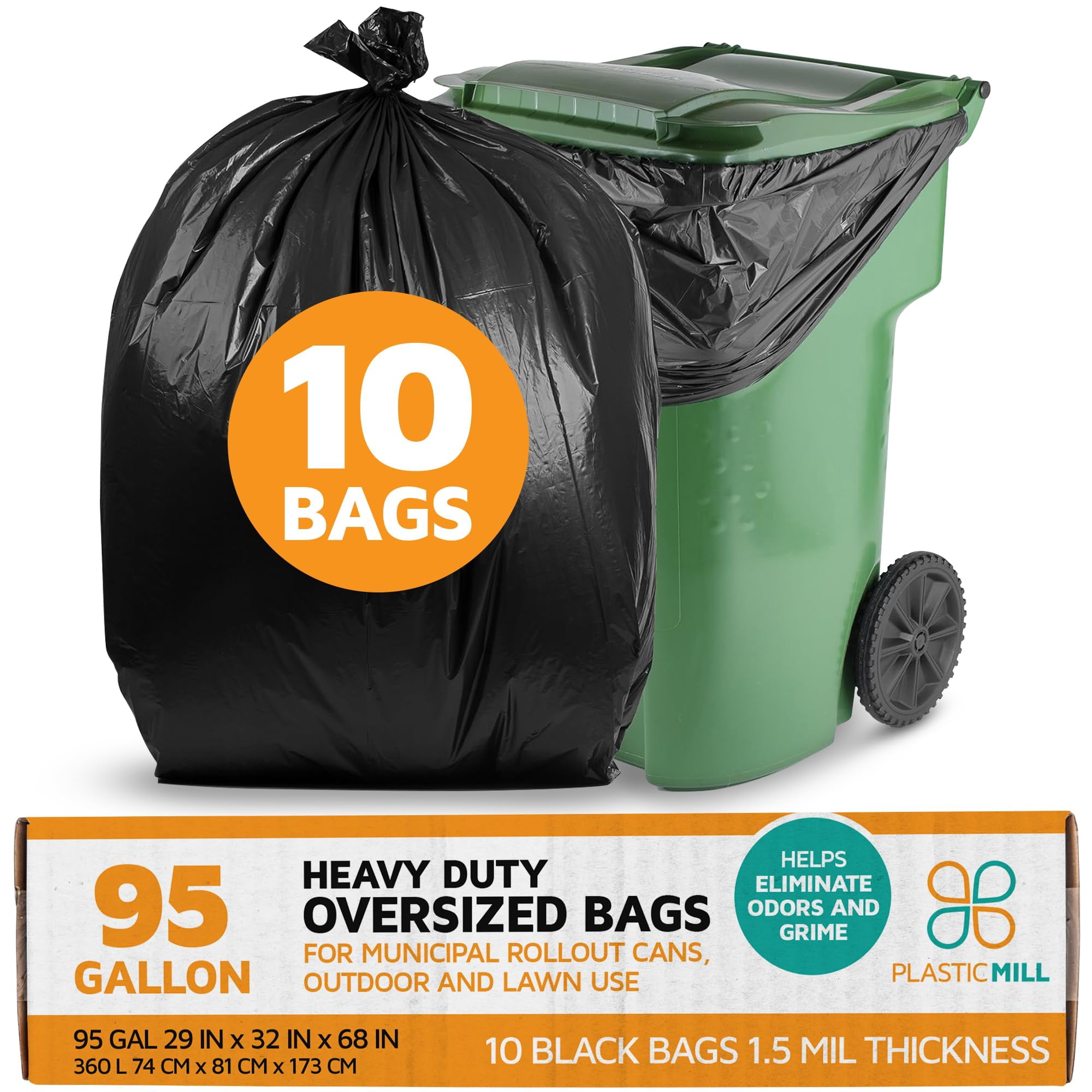 PlasticMill Heavy Duty Trash Bags - Black Garbage Bags - Plastic Trash Bags for Large Rolling Trash Bins - Tall Trash Bags - 95-Gallon Large Kitchen Trash Bags, 1.5 Mil, 61"x68" (10-Count)