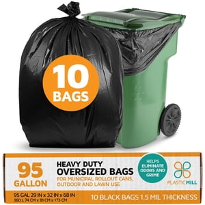 PlasticMill Heavy Duty Trash Bags - Black Garbage Bags - Plastic Trash Bags for Large Rolling Trash Bins - Tall Trash Bags - 95-Gallon Large Kitchen Trash Bags, 1.5 Mil, 61"x68" (10-Count)