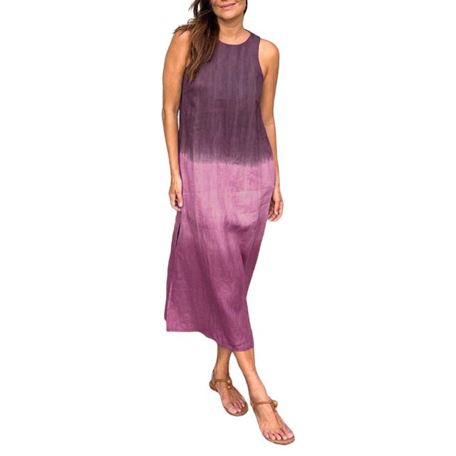 WTXUE Robe Longue Sans Manches en Coton et Lin avec Fente, Dégradé Teinture sur Nœuds, Coupe Décontractée (Femmes) Taille 8