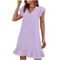thumbnail image 1 of LOVZFMLL Robes d'Été pour Femmes 2025 Col en V Manches Courtes Volantées Ourlet à Volants Robe Smock Mini Décontractée Plage Vacances Vêtements pour Femmes Violet G, 1 of 8