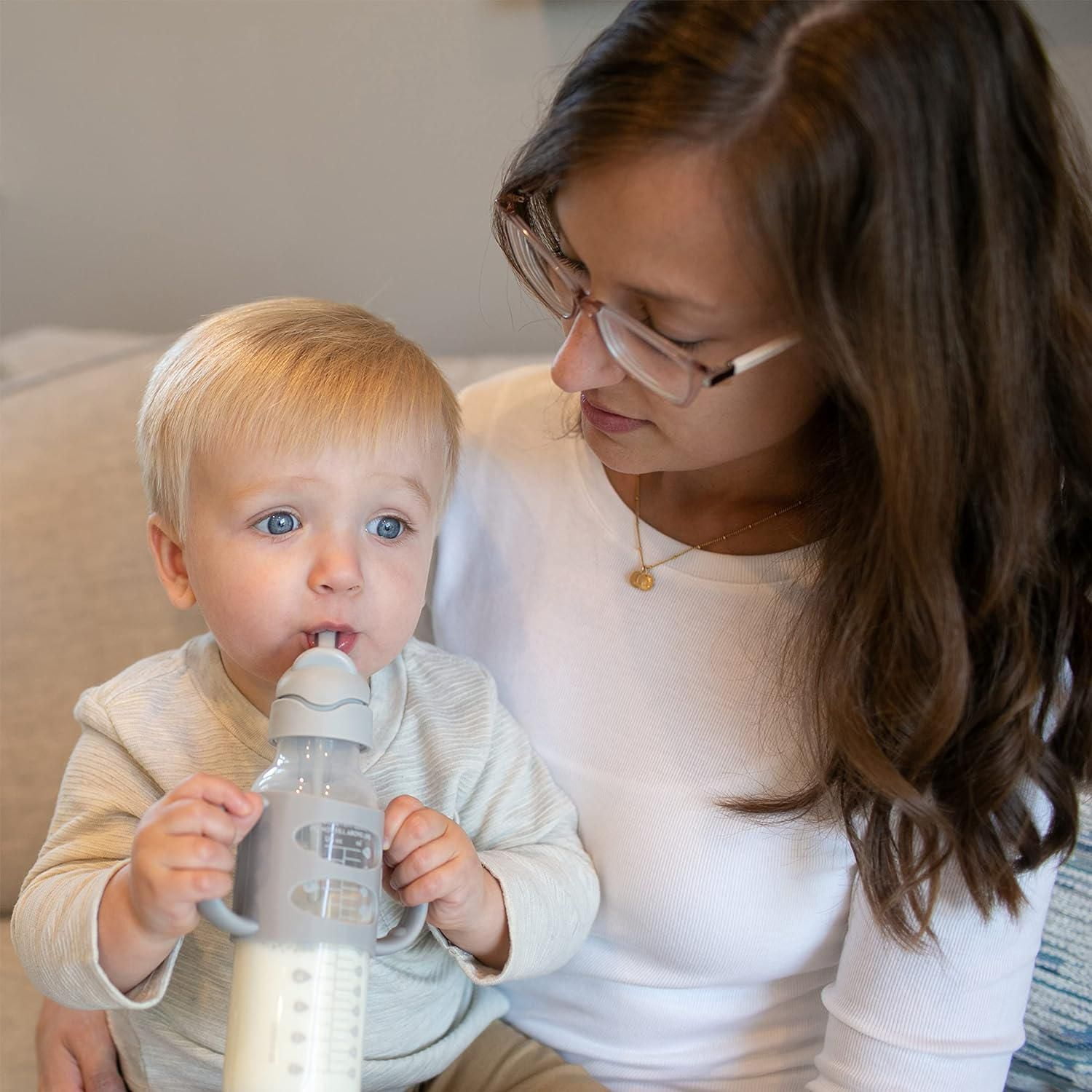 Dr. Brown's Milestones Narrow Sippy Straw Bottle, Spill-Proof with 100% Silicone Handles, Gray/Blue, 6m+, 2x8oz Bottles