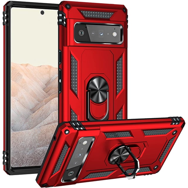 Google Pixel 6 Pro (6,71 Pouces) 2021 Étui à Anneau Rotatif avec Béquille au design Robuste Rouge et Noir. l'Étui Présente un Pare-Chocs Hybride à Double Couche avec un Support Anneau Rotatif à 360 Degrés pour une Adhérence et une Commodité Accrues. Il Comprend un Béquille pour une Visualisation Mains Libres et une Plaque Métallique Magnétique compatible avec les Supports de Montage de Voiture (Non Inclus). Fabriqué avec une Combinaison de Matériaux TPU et polycarbonate pour une protection Accrue contre les Chutes et les Égratignures