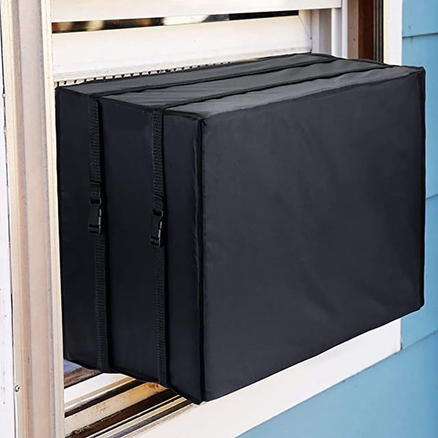 Housse de Climatiseur de Fenêtre pour Unité Extérieure, Illustrée en Noir, Bien Ajustée sur une Unité de Climatisation Montée sur Fenêtre. Comprend un Matériau durable, Imperméable et Résistant aux Intempéries Hivernales avec Deux Sangles Ajustables pour une installation Sécurisée. Conçue pour Bloquer les Aérations Froides, Prévenir l'Accumulation d'Humidité et Protéger contre la Neige, la Saleté et les Débris.
