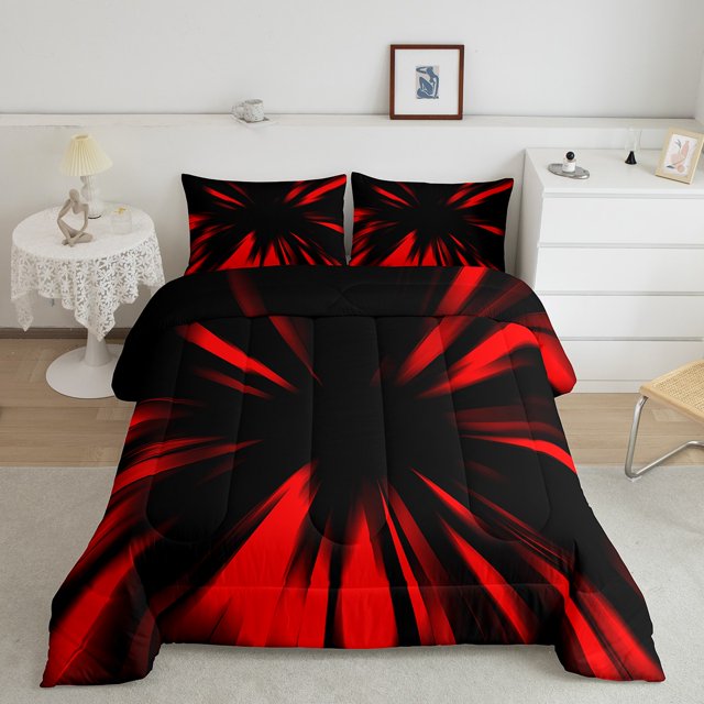 Erosebridal Abstract Ombre Comforter Sets Queen Size, Red Black Comforters & Duvets, Chic Geometry Decoration, Reversible 3pcs