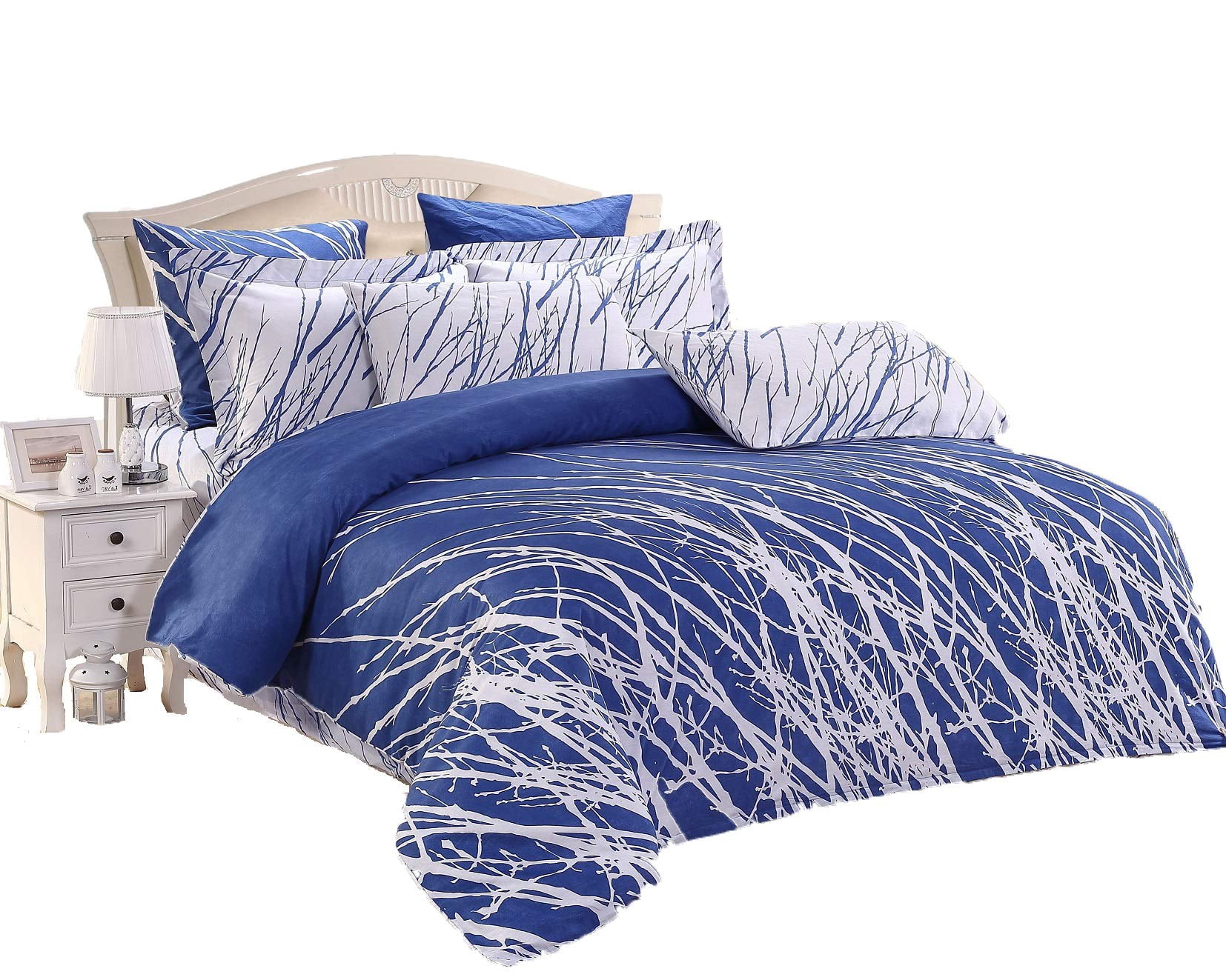 Swanson Beddings Tree Branches 3-Piece 100% Cotton Bedding Set: Duvet Cover and Two Pillow Shams (Blue-White, Queen)