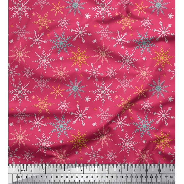 Soimoi Pink polyester Crepe Fabric Snow Flakes Floral Decor Fabric Printed Yard 52 Inch Wide