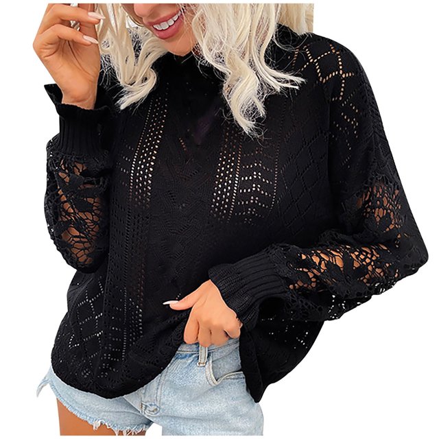 Mrat Fall Sweaters pour Femmes 2024 Mode Décontractée Couleur Unie Manches Longues Col Rond Froncé Blouse Chandail Tops Grande Taille Pulls pour Femmes Automne P-43 Noir P