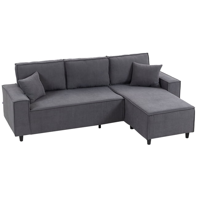 HOMCOM Chaise Sectional Sofa in charcoal grey corduroy fabric, designed for living room seating with a versatile corner configuration that adapts to left or right spaces. This spacious three-seater sectional couch includes plush padding, two extra pillows, and supports up to 992 lbs. (450 kg).