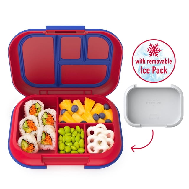 Bentgo Chill Bento-Style Kids Lunch Box in red with four leak-proof compartments filled with sushi rolls, pineapple with blueberries, edamame, and yogurt-covered pretzels, shown open with removable ice pack to keep food cool.