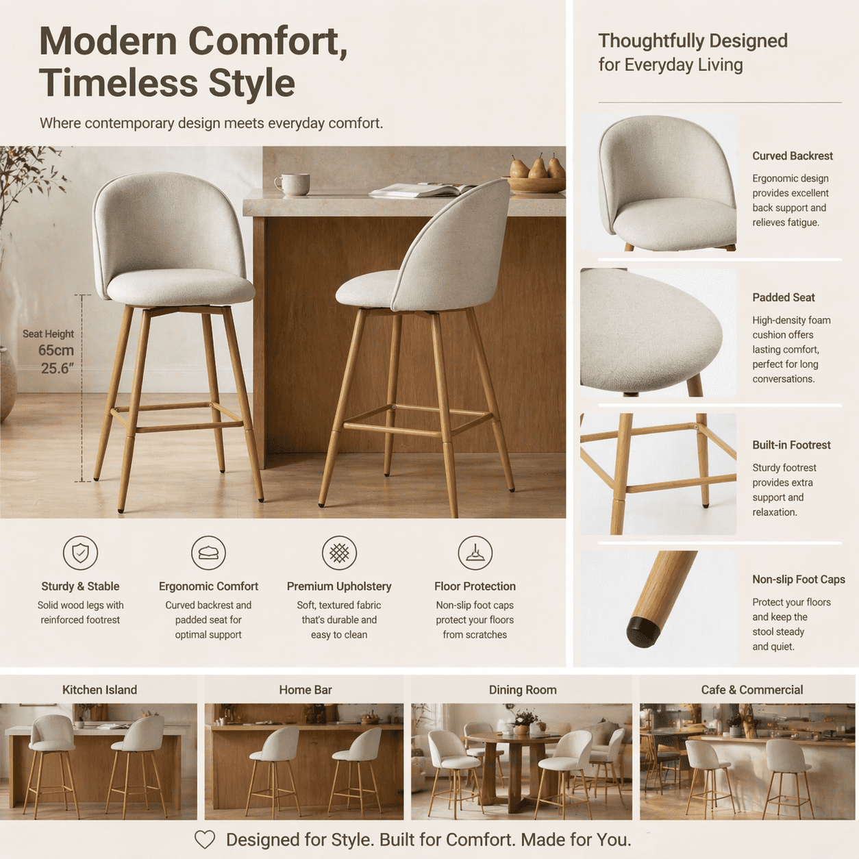 Homy Casa Ensemble de 2 Tabourets de Comptoir Pivotants, Chaises Baril Rembourrées avec Tissu Imperméable, Pieds Métal Aspect Bois