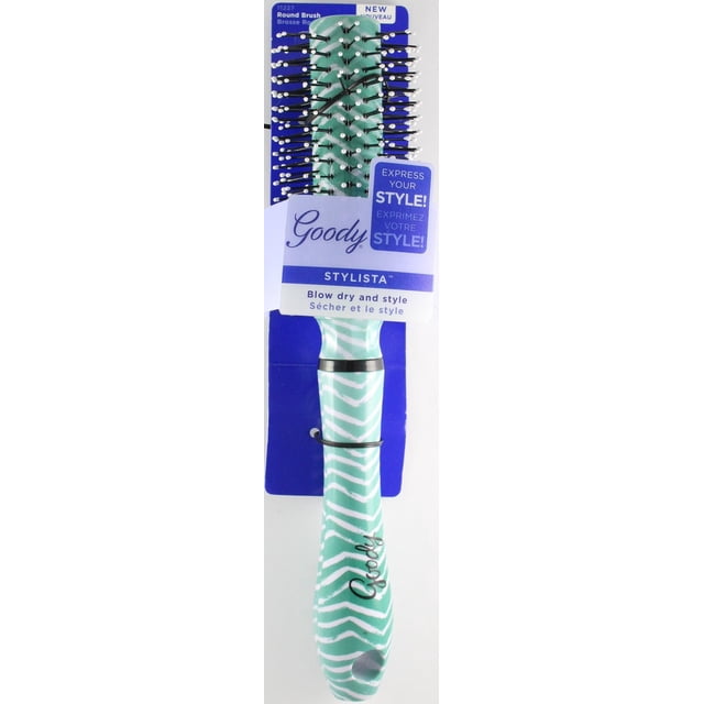 GOODY FASHION Brosse à Cheveux Ronde SM MONO RND HU CAN avec Poils Noirs Flexibles et Pointe en Blanc pour un Démêlage Facile, avec un Manche Ergonomique Vert Menthe à Rayures zigzag Blanches et le logo GOODY, Conçue pour le Séchage au Sèche-Cheveux et le Coiffage, Présentée sur un Emballage Bleu avec Texte Bilingue.