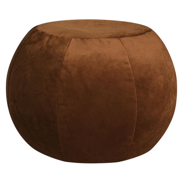 Plump Copper Velvet Pouf – oversized round floor ottoman in copper brown velvet with stitched panel design, filled with high-density polystyrene beads for support, suitable for kids' rooms as casual seating or footrest, easy to spot clean