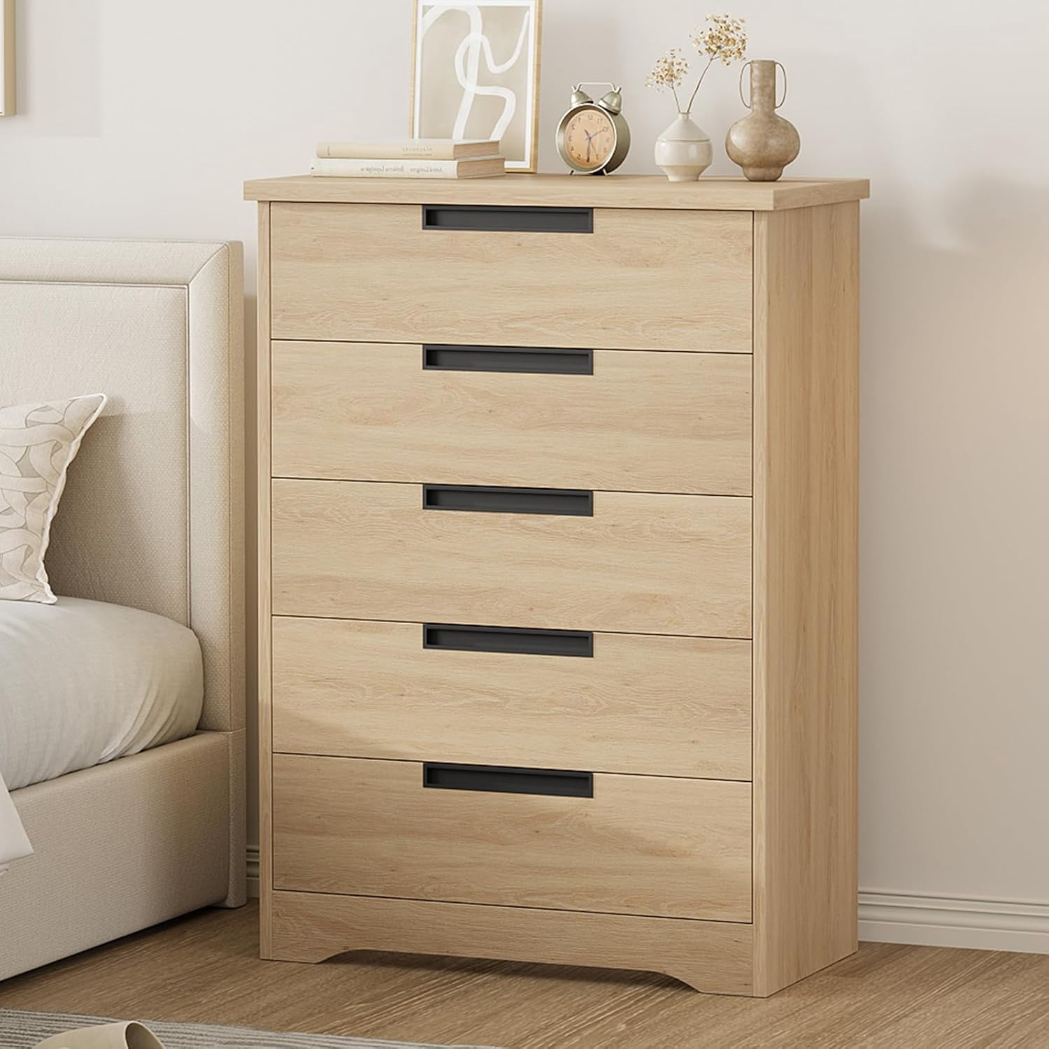 IdealHouse 5 Drawer Dresser for Bedroom, Natural Chest of Drawers with Embedded Handles, Wooden Dresser Organizer for Living Room, Nursery, Hallway and Entryway