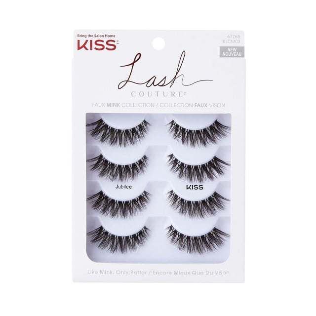 KISS Lash Couture Faux Mink Collection - Jubilee - 4 Pairs featuring four pairs of black, cruelty-free, reusable false eyelashes with a natural curl and knot-free lash band in white packaging, designed to provide lightweight volume and enhance eye makeup.