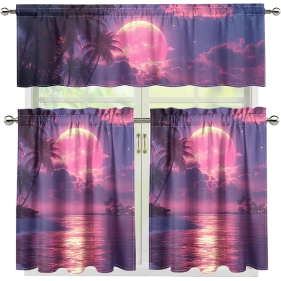 Ensemble de Rideaux de Cuisine Nuage Lune Rose et Cantonnières, Rideaux à Étages, Rideaux de Café, Combo de Rideaux de Cuisine pour Salon, Chambre, Salle de Bain, Style Ferme
