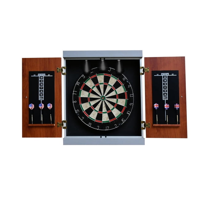 Geneva Dartboard and Cabinet Set with open gray and wood grain melamine cabinet doors showing a regulation-sized sisal dartboard illuminated by built-in LED lights, two interior scoreboards, and six steel-tipped darts with American and British flag flights stored in integrated holders, suitable for game rooms or offices.