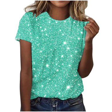 Plebaso T-Shirts de Mode pour Femmes à Imprimé Scintillant, Manches Courtes, T-Shirts Graphiques, Hauts Décontractés à Col Rond