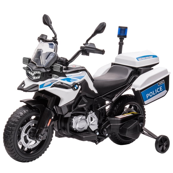 CazToi Licensed BMW Police Motorcycle 12V Kids Ride On Training Wheels 2 Speed LED Lights MP3 Storage Gift