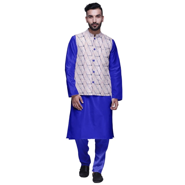 Atasi Ensemble Kurta Pyajama en Soie Dupion Ethnique avec Veste Nehru Imprimée pour Hommes
