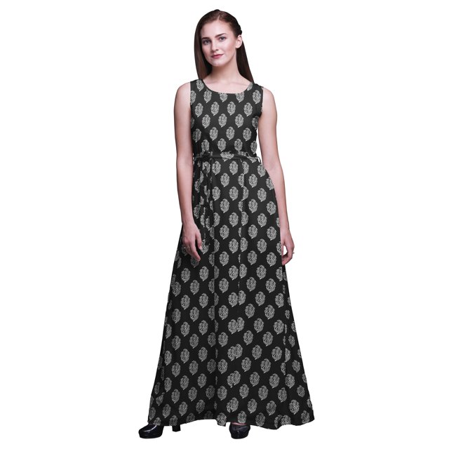 Bimba Block Women Long Tank MaxiDress Round Neck Printed Party Gown-X-Large