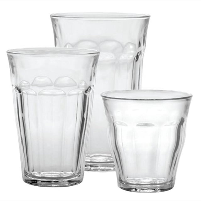 Duralex Picardie Clear 18 Piece Tempered Tumblers Set showing three clear, stackable French tempered glass tumblers with faceted sides and hemmed lips, designed for thermal shock resistance and hygienic durability, suitable for everyday drinkware use.