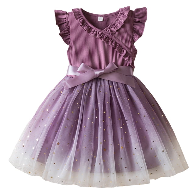 XDZJLR Robes pour Filles Manches Volantes Imprimés Nœud en Maille